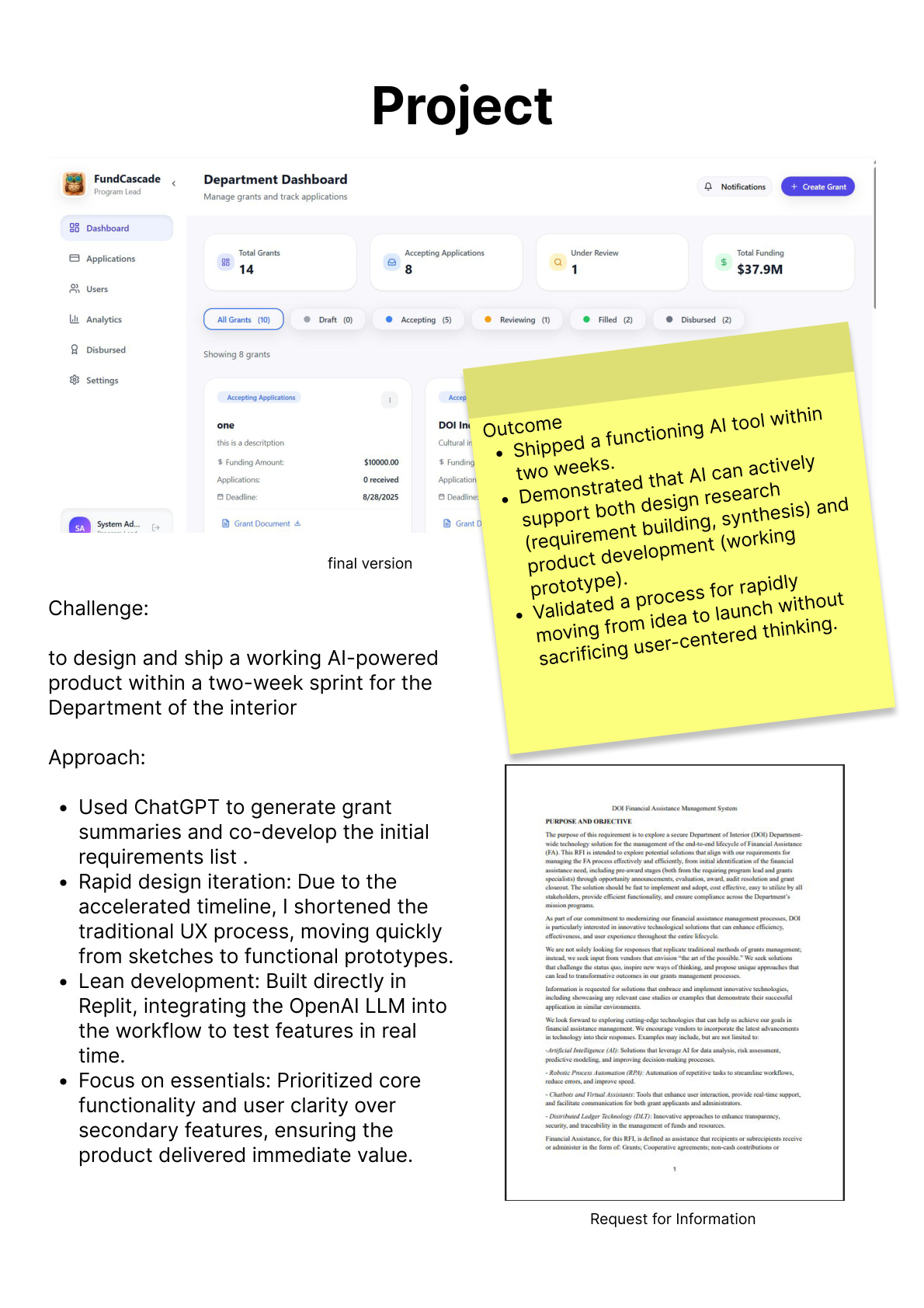 Fund Cascade project scope and shipped product overview