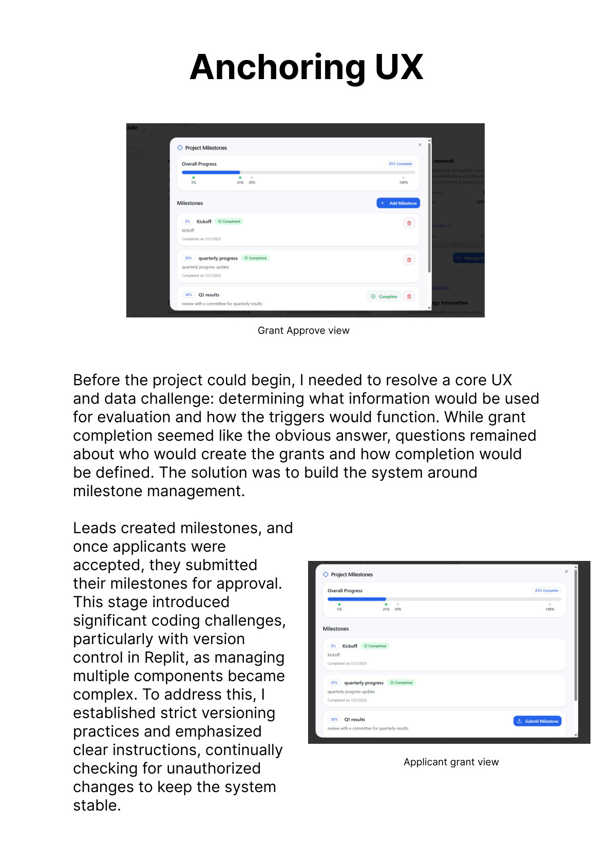 Grant approve view and applicant grant submission screen