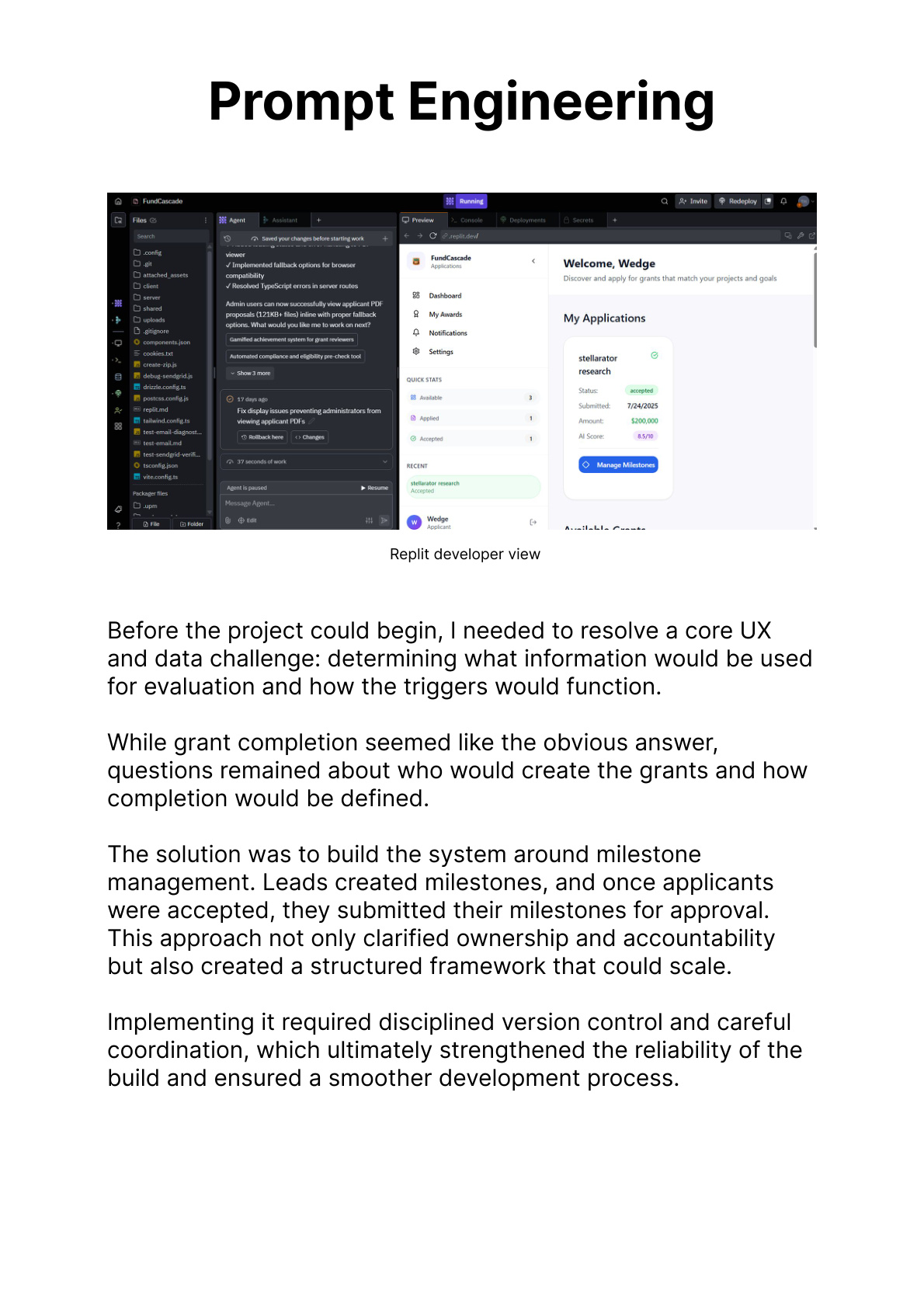 Replit developer view showing prompt engineering and live AI integration