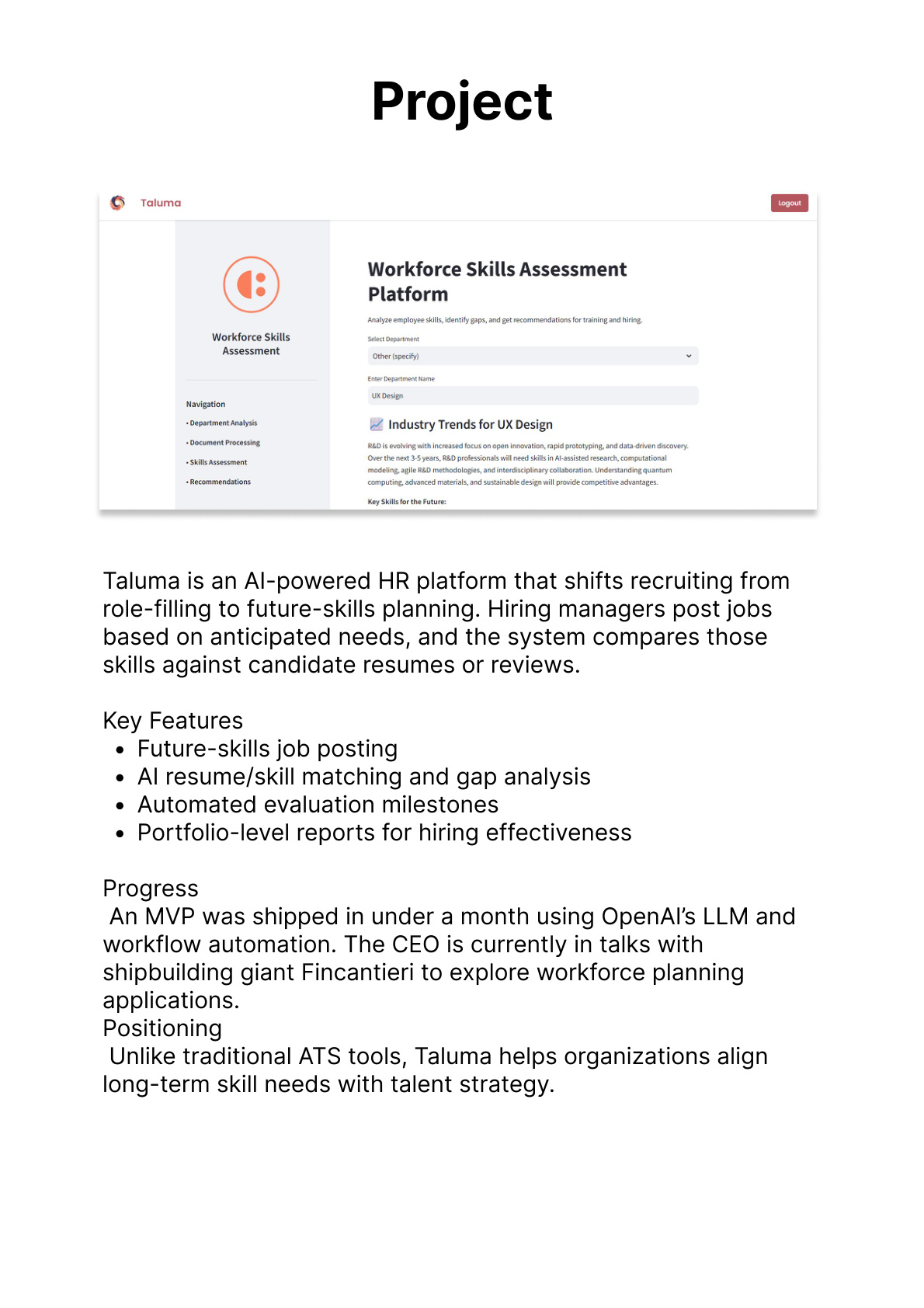 Taluma platform overview — key features, progress, and positioning